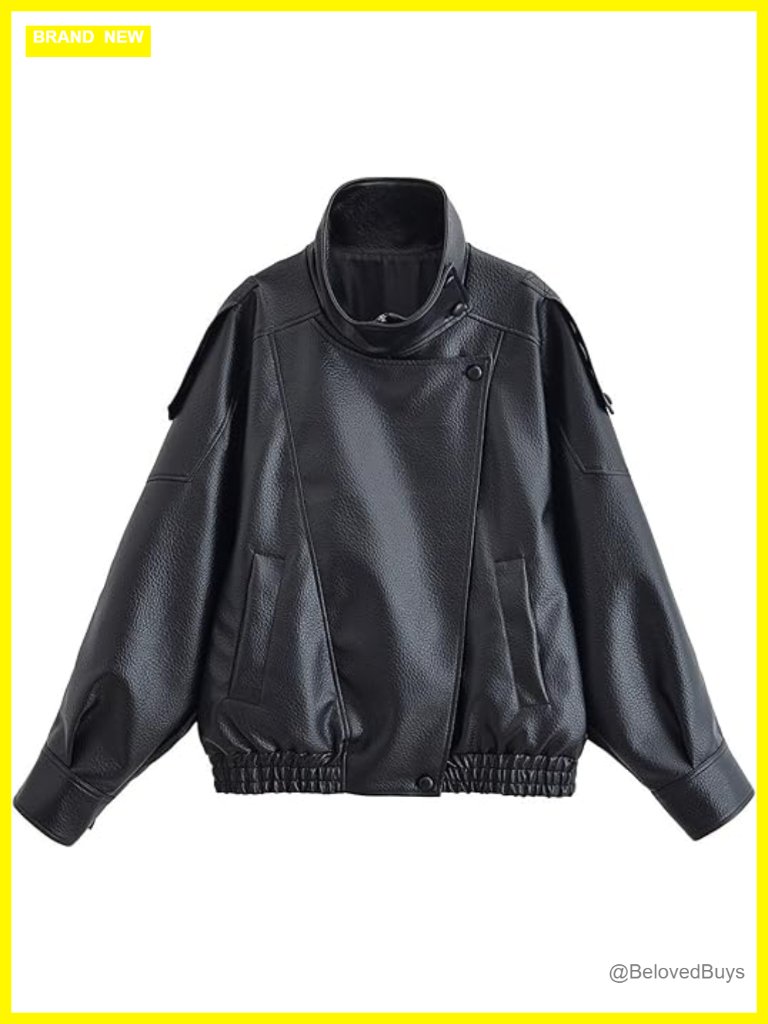 Oversized Faux Leather Motorcycle Jacket Long Sleeve Zip Up